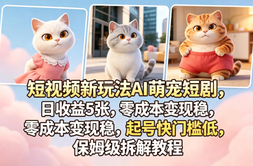 短视频新玩法AI萌宠短剧，日收益5张，零成本变现稳，起号快门槛低，保姆级拆解教程-课程网
