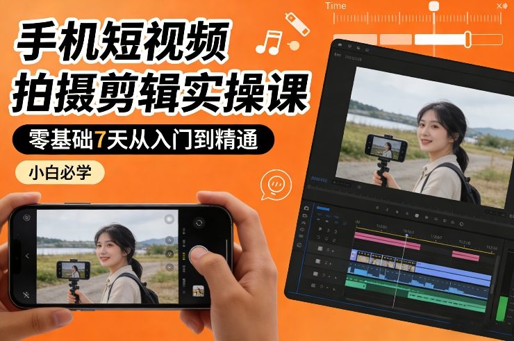 手机短视频拍摄剪辑实操课，零基础7天从入门到精通，小白必学-课程网