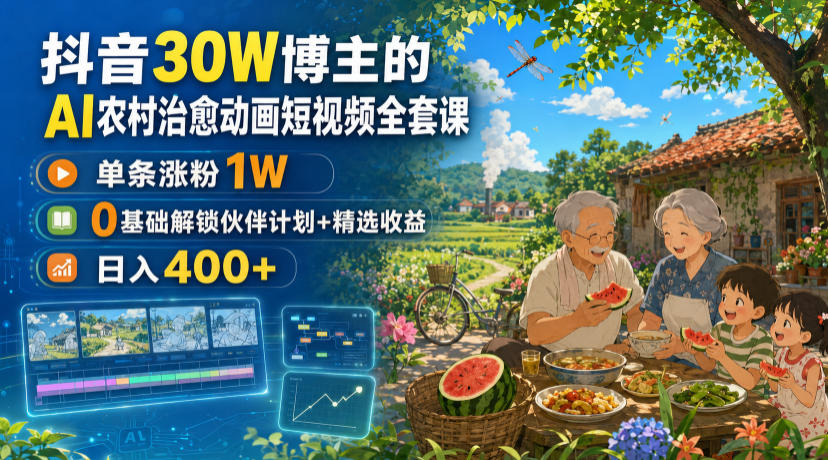 抖音30W博主的AI农村治愈动画短视频全套课｜单条涨粉1W，0基础解锁伙伴计划+精选收益，日入400+-课程网