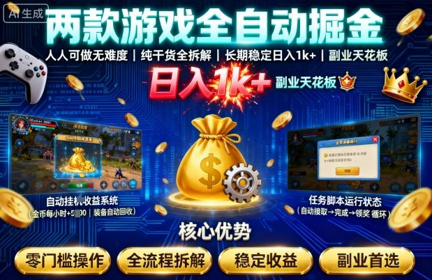 两款游戏全自动掘金，人人可做无难度，纯干货全拆解，长期稳定，日入1k+，副业天花板【揭秘】-课程网