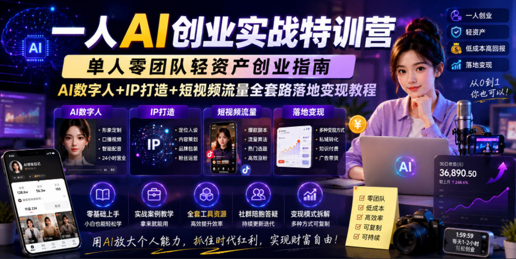 一人AI创业实战特训营，单人零团队轻资产创业指南，AI数字人+IP打造+短视频流量全套路落地变现教程-课程网