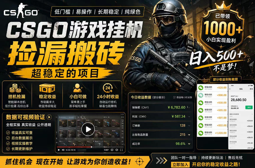 CSGO游戏搬砖，全自动挂G，不需要玩游戏，手机操作日入300+，解放双手【揭秘】-课程网