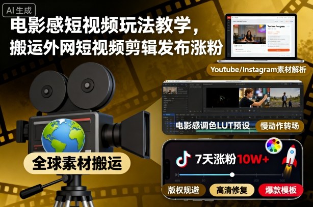 电影感短视频玩法教学，搬运外网短视频剪辑发布涨粉-课程网