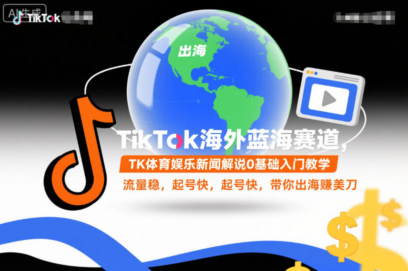 TikTok海外蓝海赛道，TK体育娱乐新闻解说0基础入门教学，流量稳，起号快，带你出海賺美刀-课程网
