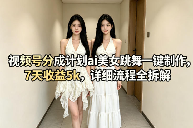 视频号分成计划ai美女跳舞一键制作，7天收益5k，详细流程全拆解-课程网