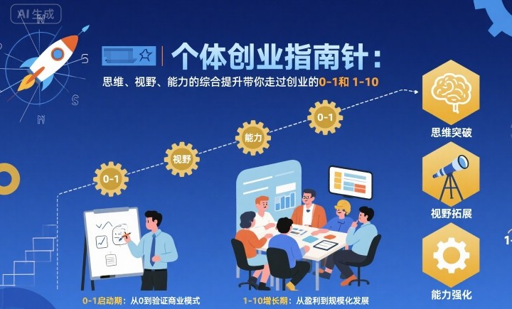 个体创业指南针，思维、视野、能力的综合提升带你走过创业的0-1和1-10【音频】-课程网