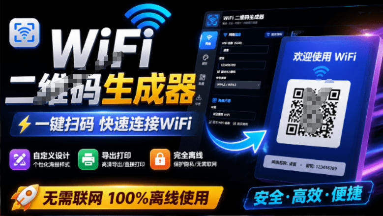 完全离线使用！WiFi二维码生成器，一键扫码快速连接WiFi，支持自定义风格导出WiFi二维码生成器-课程网