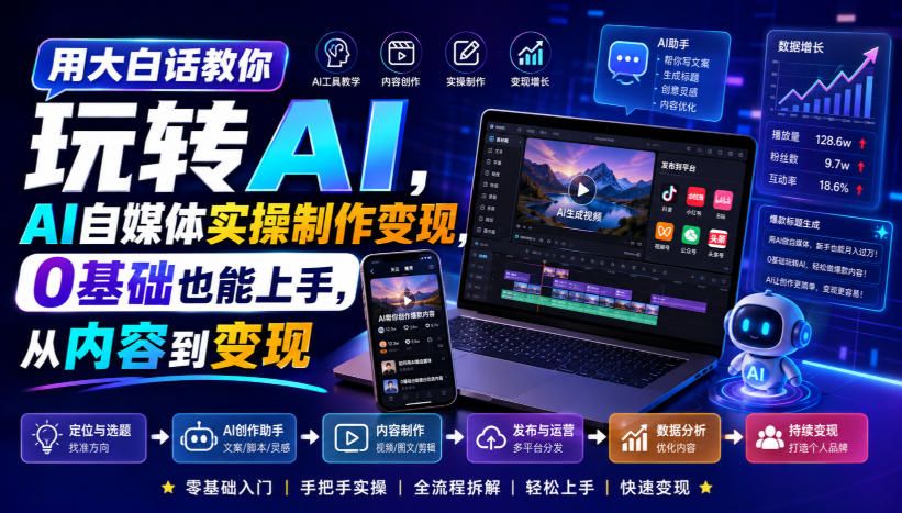 用大白话教你玩转AI，AI自媒体实操制作变现，0基础也能上手，从内容到变现-课程网