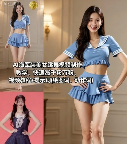 AI海军装美女跳舞视频制作教学，快速涨千粉万粉，视频教程+提示词(绘图词、动作词)-课程网