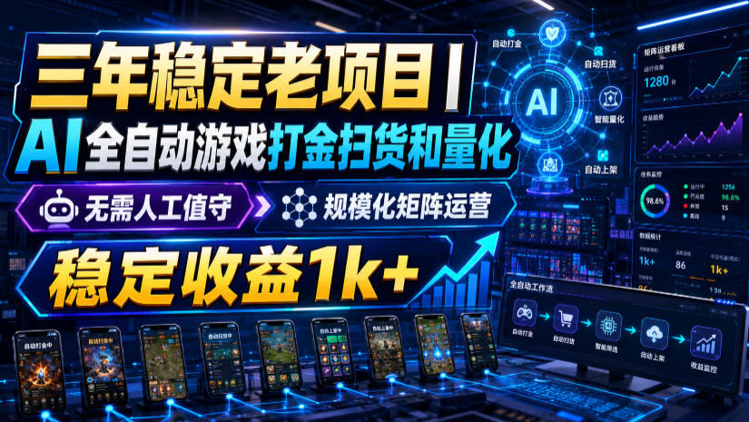 三年稳定老项目｜AI全自动游戏打金扫货和量化，无需人工值守，规模化矩阵运营，稳定收益1k+【揭秘】-课程网