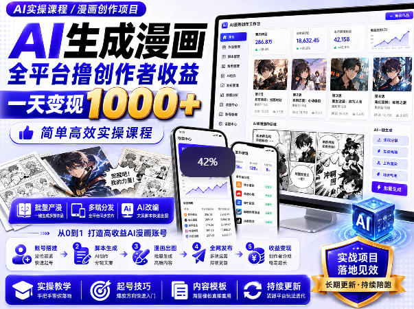 AI生成漫画全平台撸创作者收益内部课程，实操最高单日变现1k+-课程网