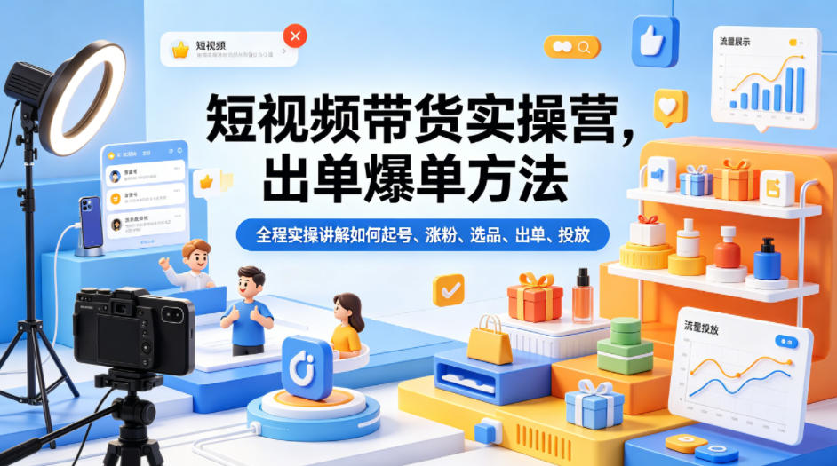 短视频带货实操营，出单爆单方法，全程实操讲解如何起号、涨粉、选品、出单、投放（更新0515）-课程网