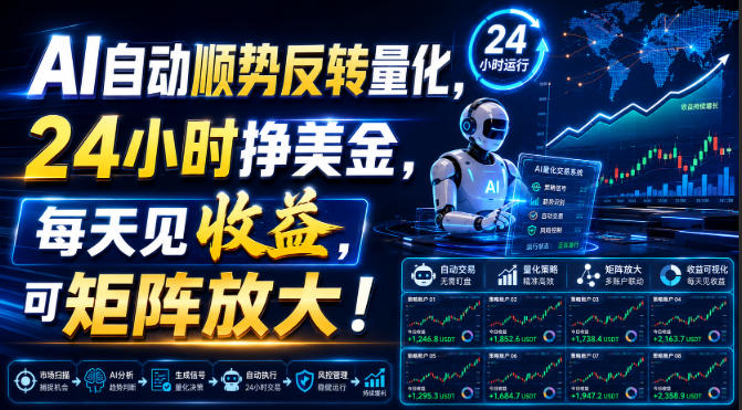 AI自动顺势反转量化，24小时挣美金，每天见收益，可矩阵放大！【揭秘】-课程网