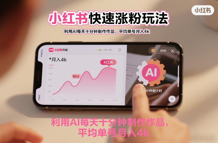 小红书快速涨粉玩法，利用AI每天十分钟制作作品，平均单号月入4k-课程网