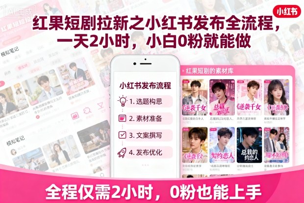 红果短剧拉新之小红书发布全流程，一天2小时，小白0粉就能做-课程网