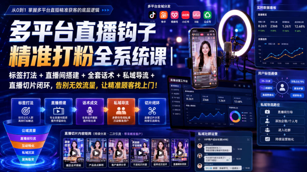 多平台直播钩子精准打粉全系统课｜标签打法+直播间搭建+全套话术+私域导流+直播切片闭环，告别无效流量，让精准顾客找上门！-课程网