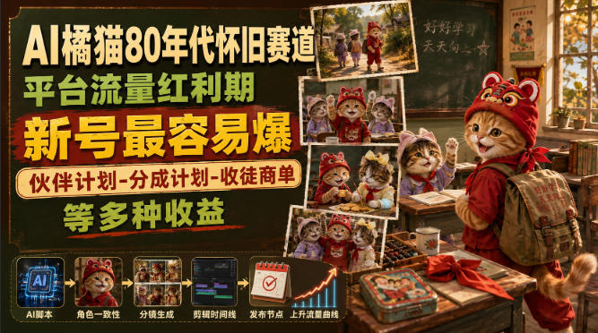 AI橘猫80年代怀旧赛道，平台流量红利期，新号最容易爆，伙伴计划-分成计划-收徒商单等多种收益-课程网