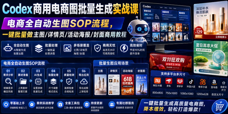 Codex商用电商图批量生成实战课｜电商全自动生图SOP流程，一键批量做主图/详情页/活动海报/封面商用教程-课程网