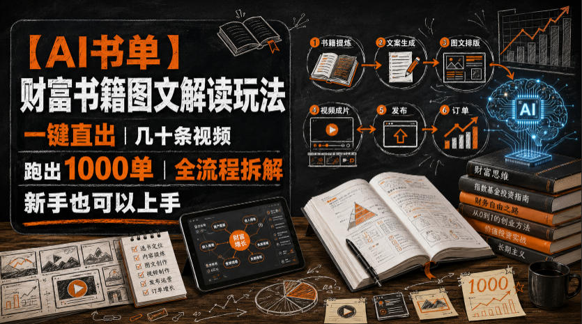 【AI书单】财富书籍图文解读玩法，一键直出，几十条视频，跑出1000单，全流程拆解，新手也可以上手-课程网