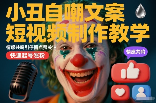 小丑自嘲文案短视频制作教学，情感共鸣引停留点赞关注，快速起号涨粉-课程网