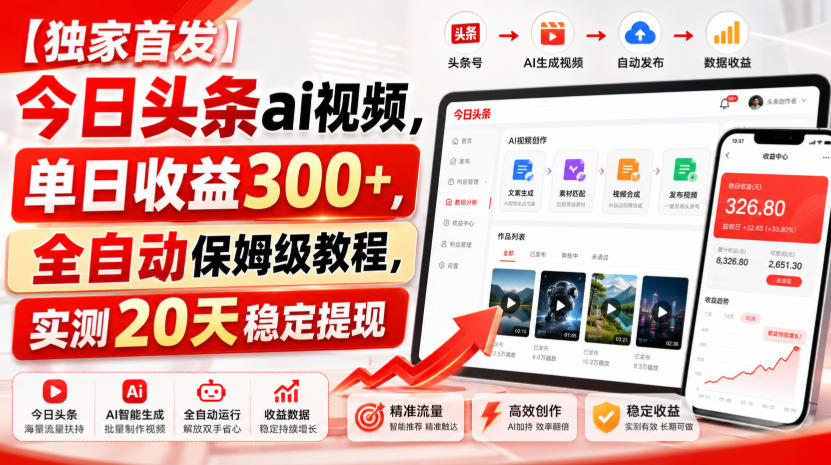 【独家首发】今日头条ai视频，单日收益300+，全自动保姆级教程，实测20天稳定提现【揭秘】-课程网
