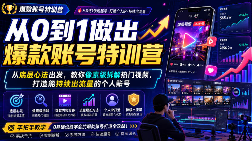 从0到1做出爆款账号特训营，从底层心法出发，教你像素级拆解热门视频，打造能持续出流量的个人账号-课程网
