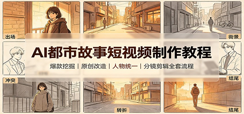 AI都市故事短视频制作教程：爆款挖掘原创改造，人物统一分镜剪辑全套流程-课程网