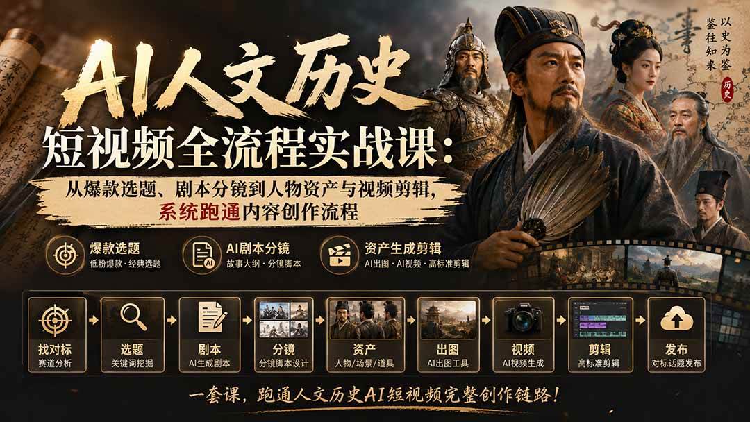 （20074期）AI人文历史短视频全流程实战课：从爆款选题、剧本分镜到人物资产与视频剪辑，系统跑通内容创作流程-课程网