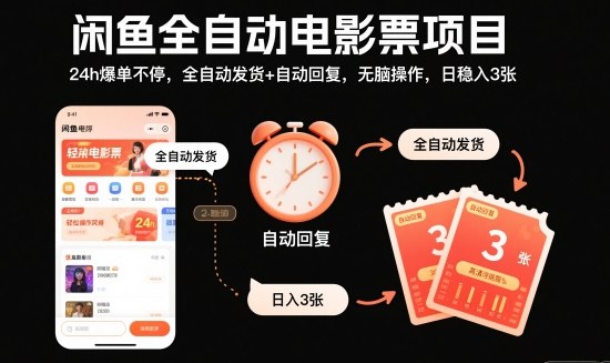 闲鱼全自动电影票项目，24h爆单不停，全自动发货+自动回复，无脑操作，日稳入3张【揭秘】-课程网