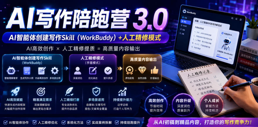 AI写作陪跑营3.0，Ai智能体创建写作skill（workbuddy）+人工手写模式（手搓模式），去除AI痕迹（头条号、公众号、百家号）（更新0806）-课程网