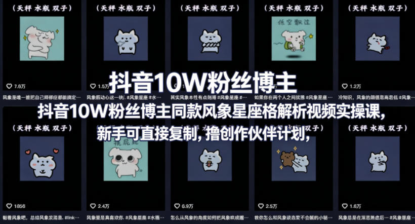 抖音10W粉丝博主同款星座性格解析视频实操课，新手可直接复制，撸创作伙伴计划，分成计划等-课程网