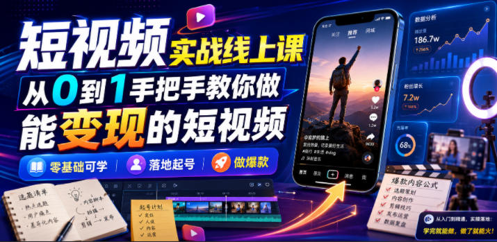 短视频实战线上课，从0到1手把手教你做能变现的短视频，零基础可学，落地起号做爆款-课程网