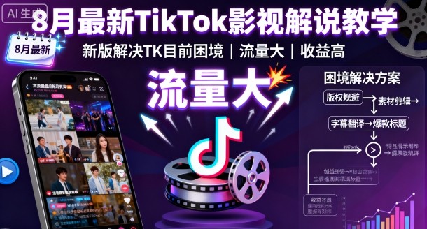 8月最新TikTok影视解说教学，新版解决TK目前困境，流量大，收益高-课程网