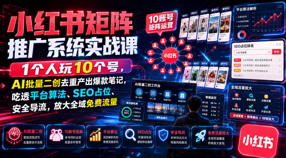 小红书矩阵推广系统实战课｜1个人玩10个号，AI批量二创去重产出爆款笔记，吃透平台算法、SEO占位、安全导流，放大全域免费流量-课程网