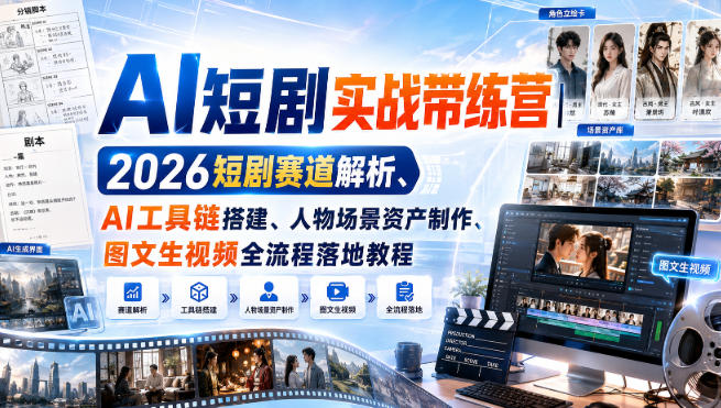 AI短剧实战带练营｜2026短剧赛道解析、AI工具链搭建、人物场景资产制作、图文生视频全流程落地教程-课程网
