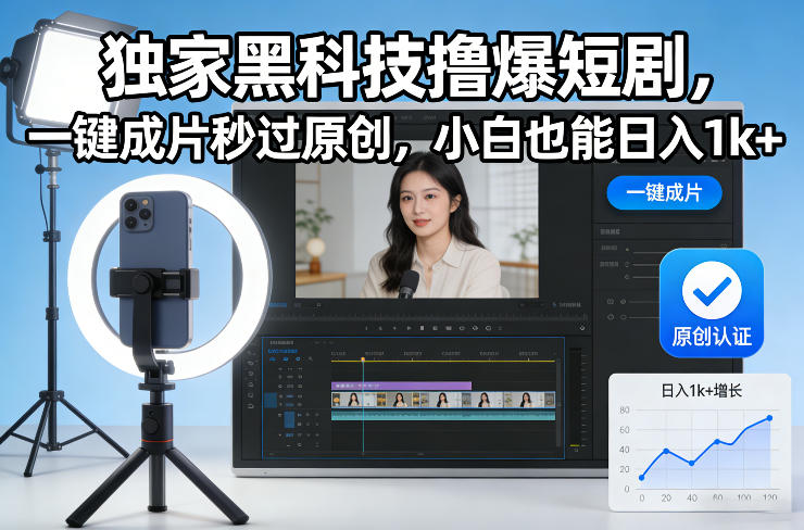 独家黑科技撸爆短剧，一键成片秒过原创，小白也能日入1k+【揭秘】-课程网