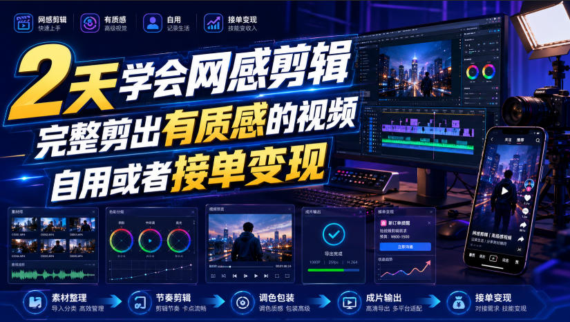 2天学会网感剪辑，完整剪出有质感的视频，自用或者接单变现-课程网