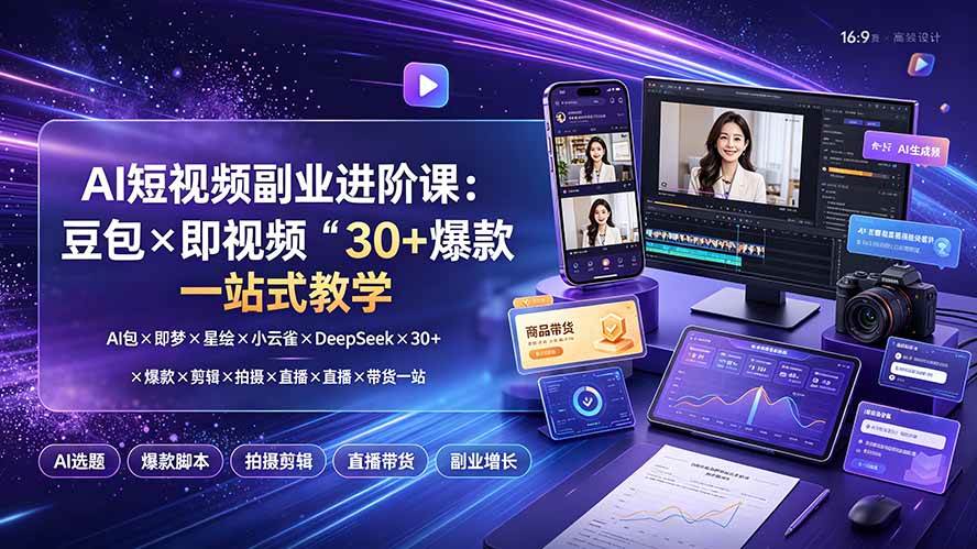 （19458期）AI短视频副业进阶课：豆包×即梦×星绘×小云雀×DeepSeek×30+爆款×剪辑×拍摄×直播×带货一站式教学-课程网