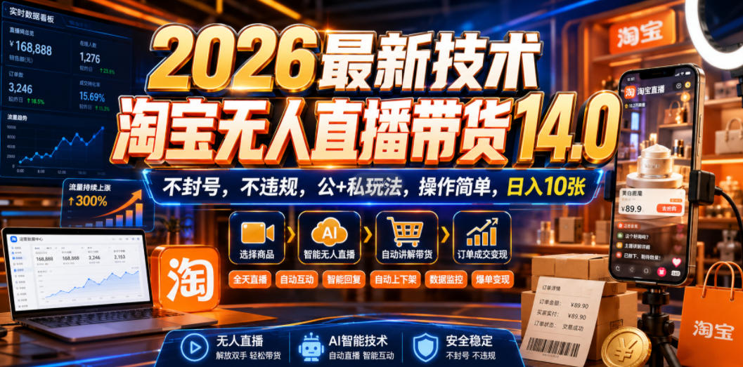 2026最新技术，淘宝无人直播带货14.0，不封号，不违规，公+私玩法，操作简单，日入10张【揭秘】-课程网