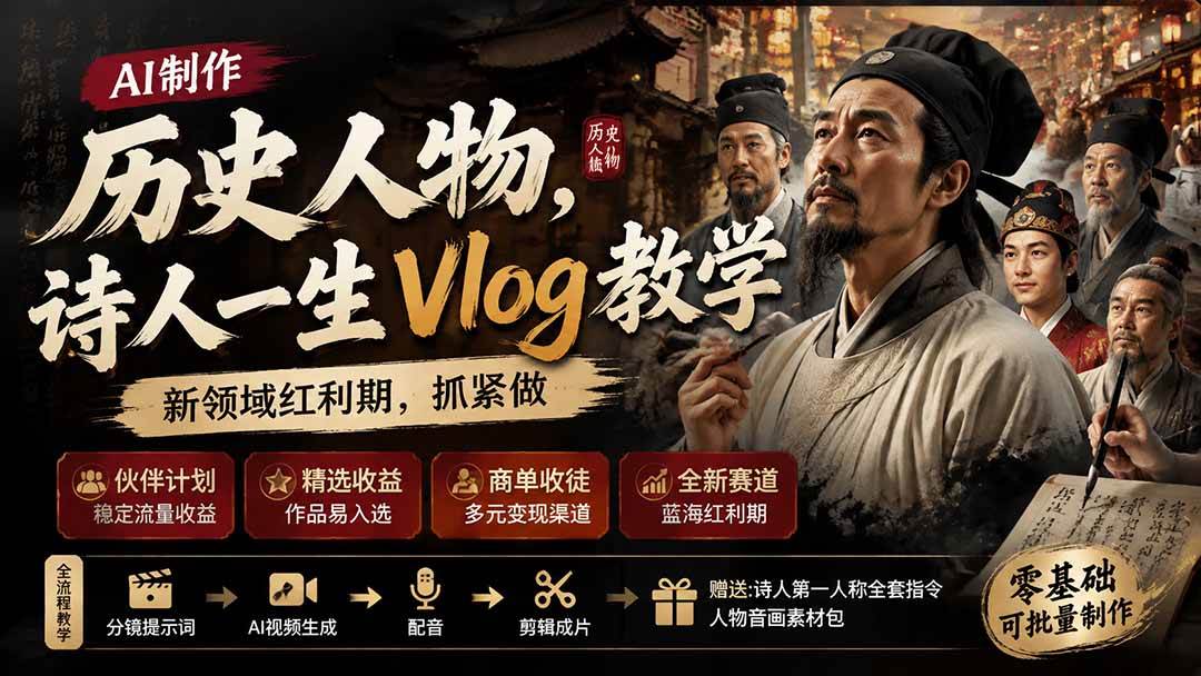 （19758期）历史人物，诗人一生Vlog教学， AI制作丨伙伴计划丨精选收益丨商单收徒 ，新领域红利期，抓紧做-课程网