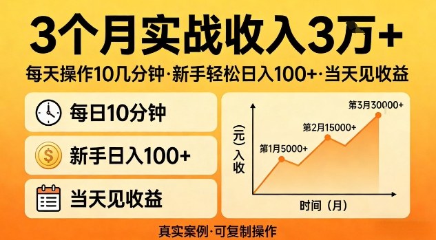 3个月实战收入3W+，每天操作10几分钟，新手轻松日入1张+，当天见收益【揭秘】-课程网