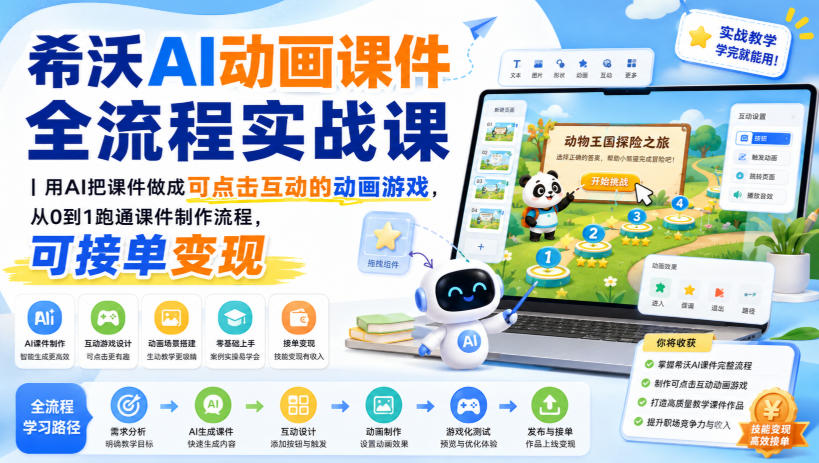 希沃AI动画课件全流程实战课｜用AI把课件做成可点击互动的动画游戏，从0到1跑通课件制作流程，可接单变现-课程网