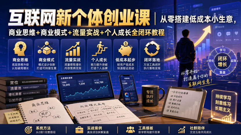 互联网新个体创业课｜从零搭建低成本小生意，商业思维+商业模式+流量实战+个人成长全闭环教程-课程网