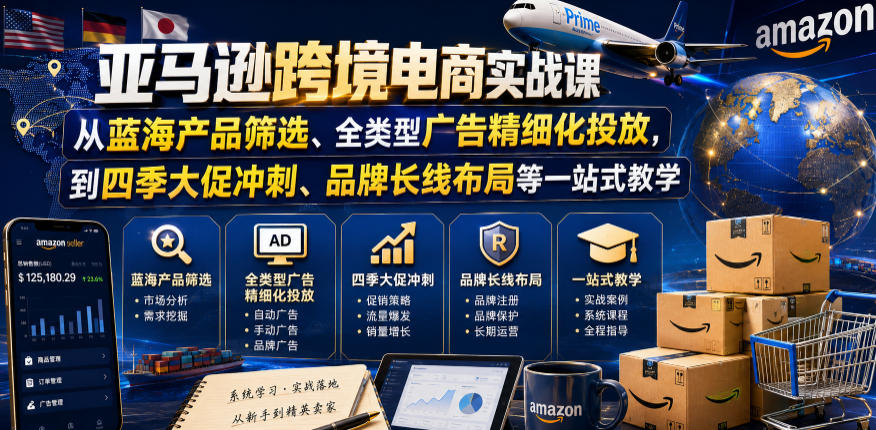 亚马逊跨境电商实战课，从蓝海产品筛选、全类型广告精细化投放，到四季大促冲刺、品牌长线布局等一站式教学（更新7月）-课程网