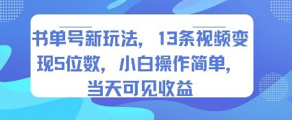 书单号新玩法，13条视频变现5位数，小白操作简单，当天可见收益-课程网