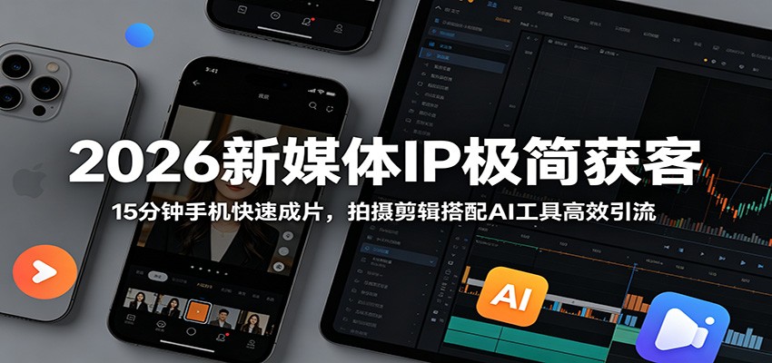 2026新媒体IP极简获客：15分钟手机快速成片，拍摄剪辑搭配AI工具高效引流-课程网
