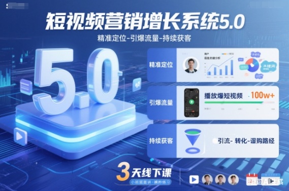 短视频营销增长系统5.0，精准定位-引爆流量-持续获客，3天线下课（音频+图片）-课程网