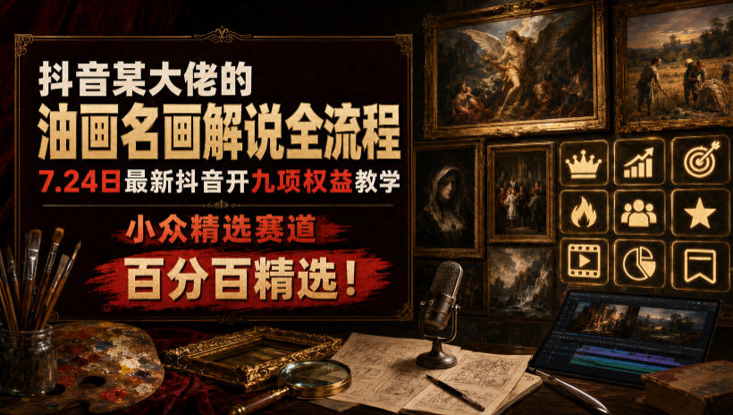 抖音某大佬的油画名画解说全流程，7.24日最新抖音开九项权益教学，小众精选赛道，百分百精选！-课程网