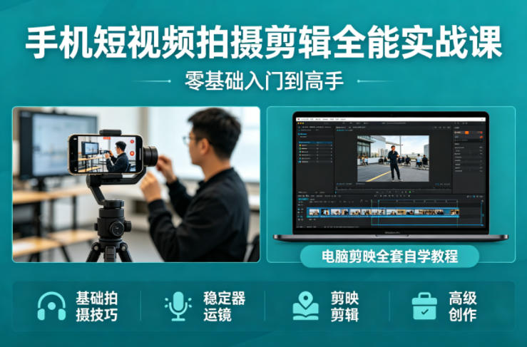 手机短视频拍摄剪辑全能实战课：零基础入门到高手，稳定器运镜+电脑剪映全套自学教程-课程网