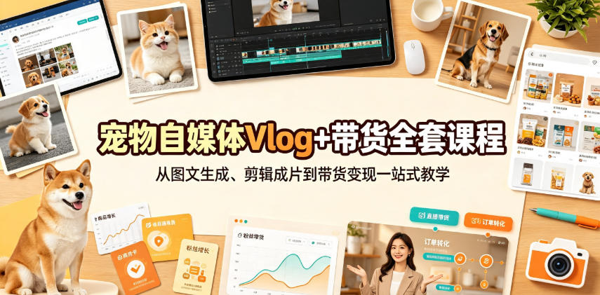 宠物自媒体Vlog+带货全套课程｜从图文生成、剪辑成片到带货变现一站式教学-课程网